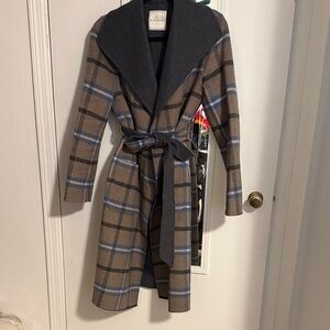 Tahari Plaid Trench Coat in Brown and Gray